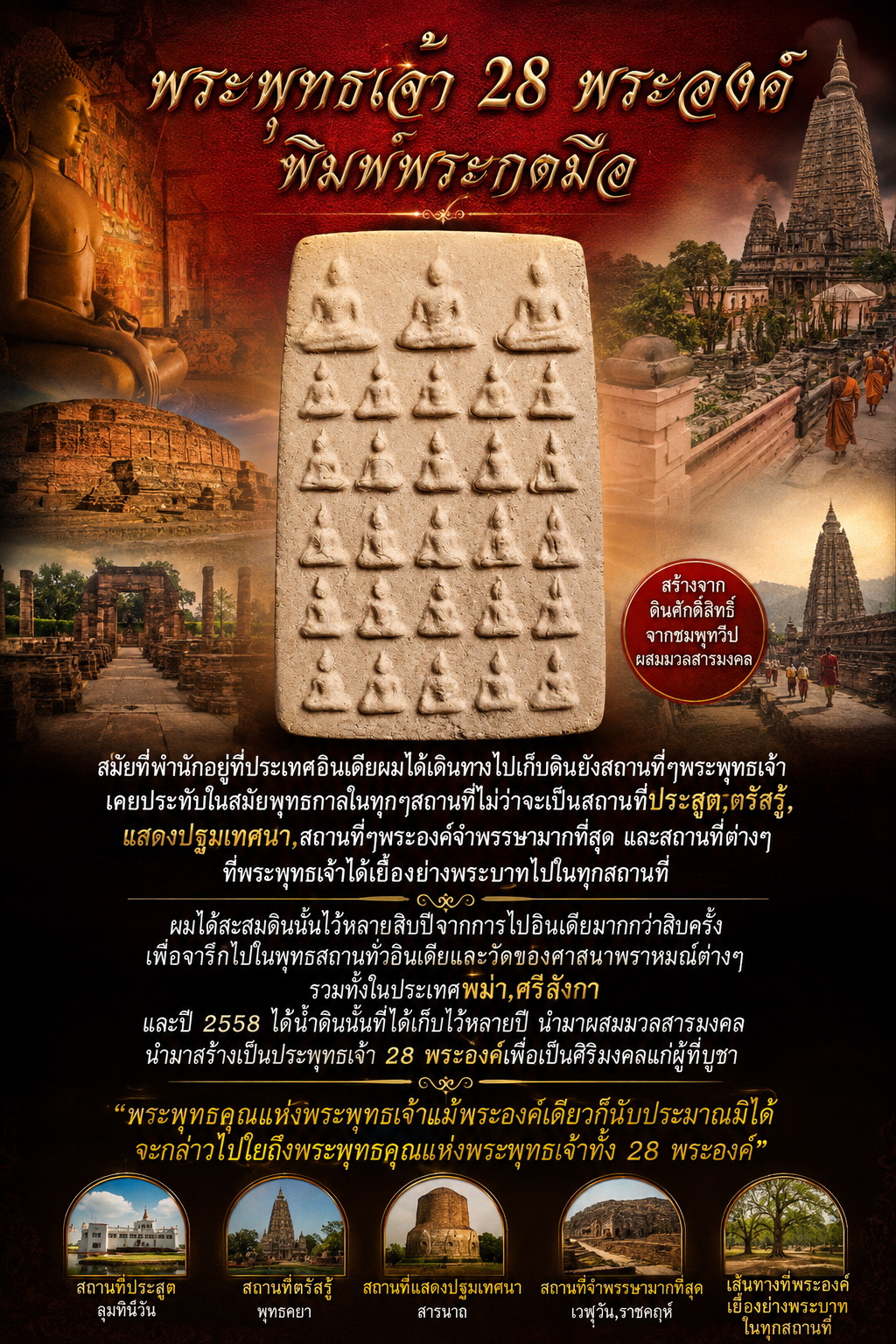 พระสมเด็จเนื้อดิน พิมพ์ "พระพุทธเจ้า 28 พระองค์" ซึ่งจัดสร้างขึ้นโดยใช้ดินและมวลสารศักดิ์สิทธิ์จากสังเวชนียสถานทั้ง 4 แห่งและทุกสถานที่ๆพระพุทธเจ้าเสด็จไป A Phra Somdej amulet made of molded clay, depicting the 28 Buddhas; it was created using soil and materials from the four sacred sites associated with the life of the Buddha